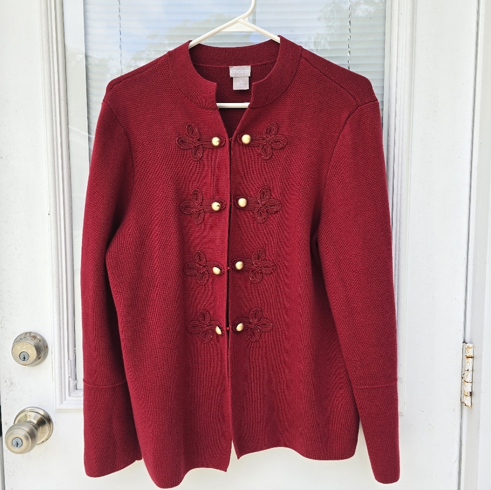 Chicos Elegant Red Cardigan with Gold Buttons. Large